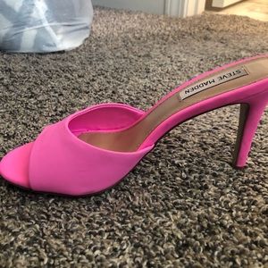 Hot pink open toe mules